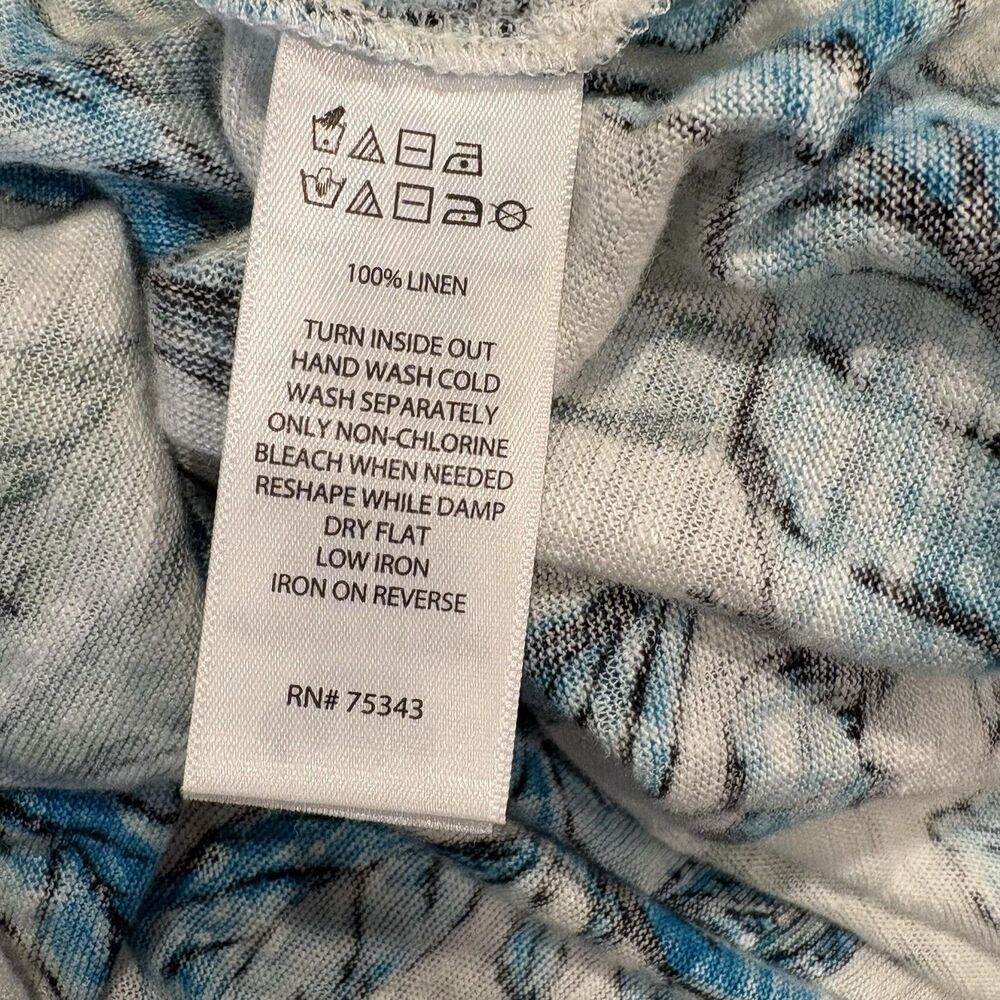 Tahari Top Womens 1X Blue Linen Floral Tunic V Neck 3/4 Sleeve Summer Casual - Picture 6 of 6